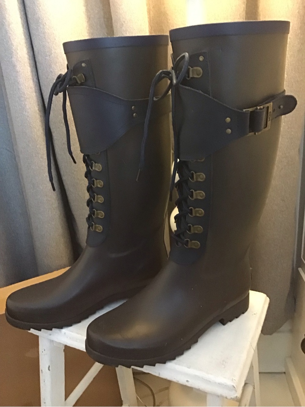 UGG Black w/Blue Accent Lace-Up Tall Waterproof Rain Boots